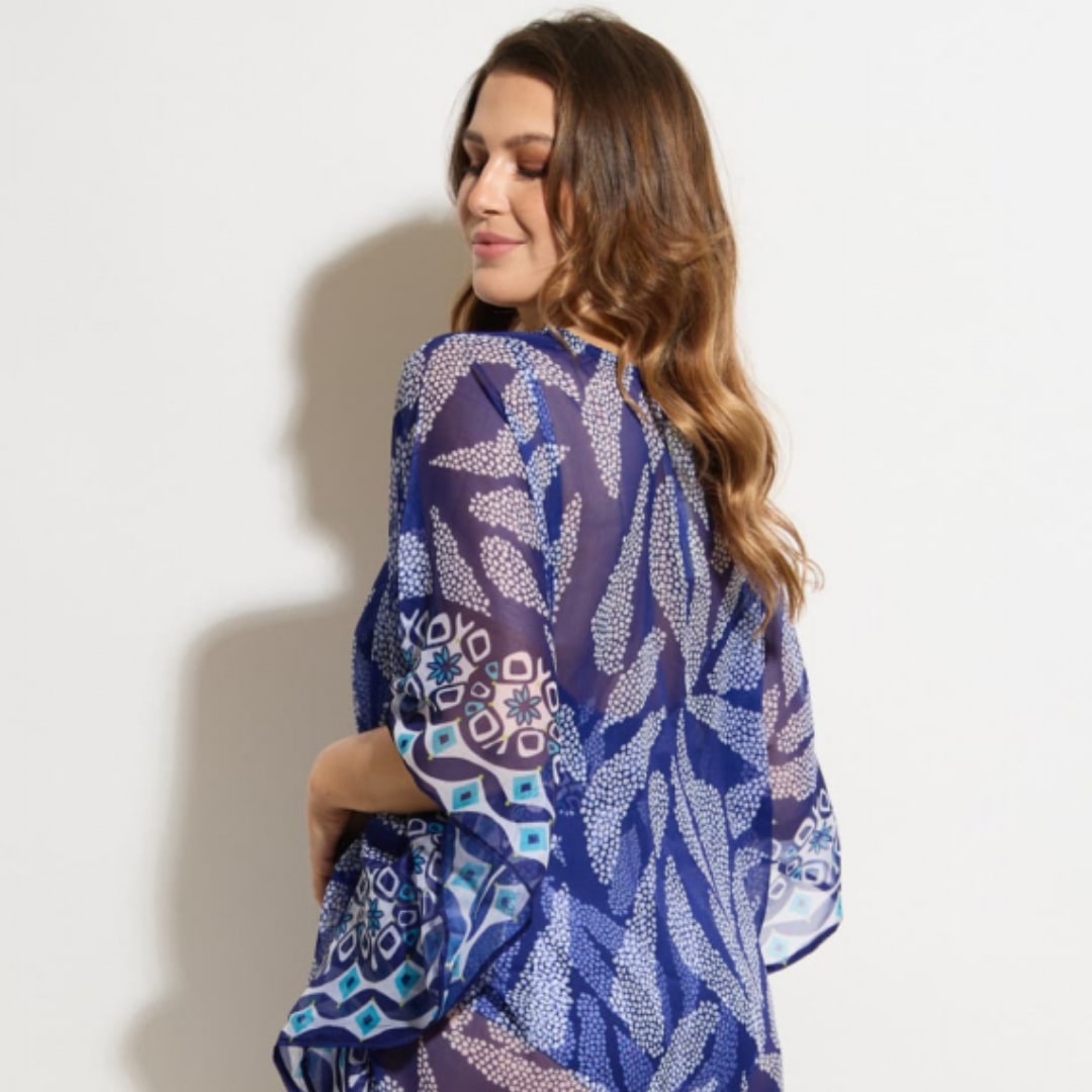 Modrý kaftan, kaftan Deidad, plážové doplňky, vzorovaný, univerzální velikost, s opaskem, Triola